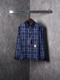 LV Flannel Collar Embroidered Logo Blue Check Lapel Long Sleeve Shirt