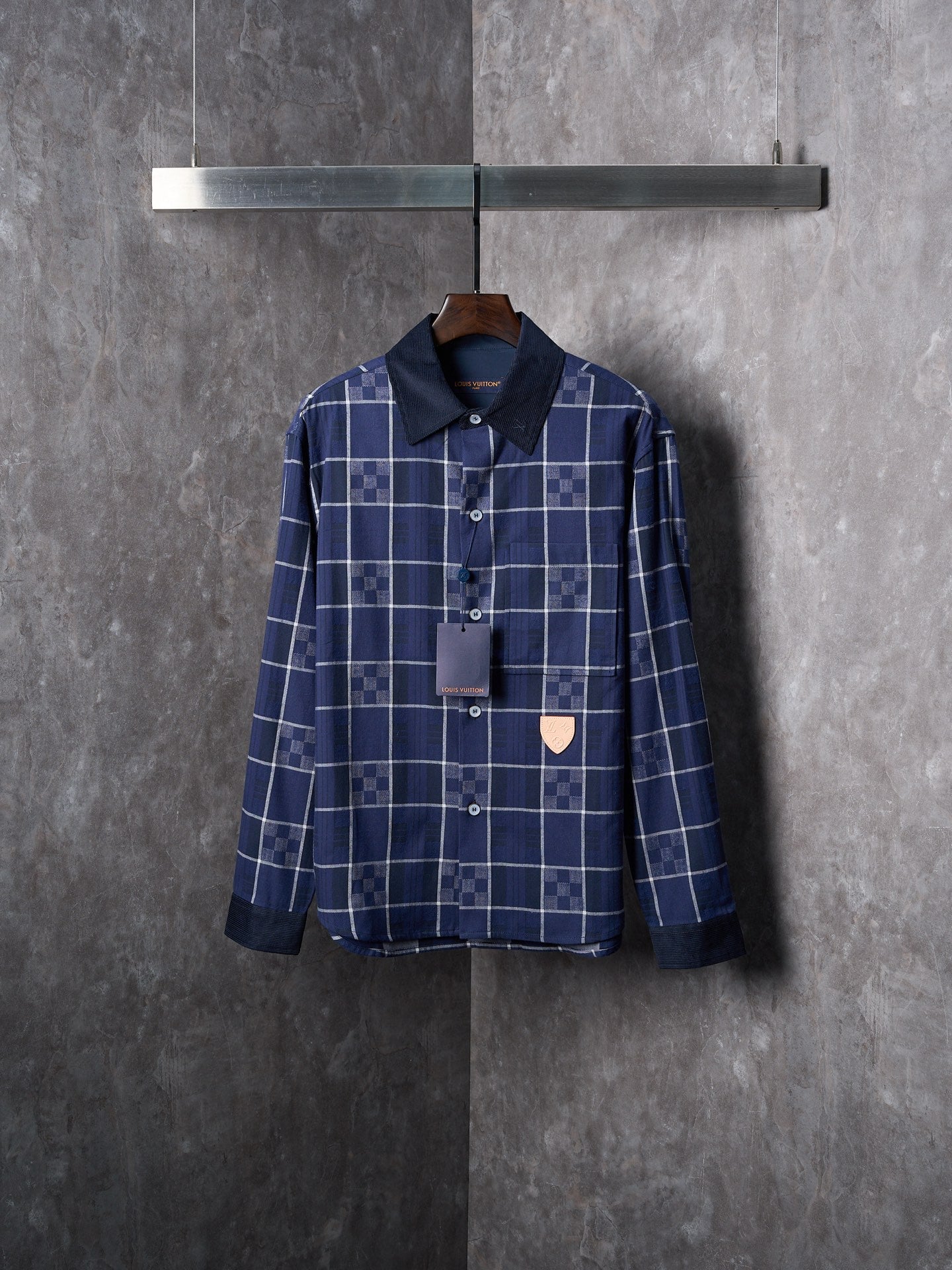 LV Flannel Collar Embroidered Logo Blue Check Lapel Long Sleeve Shirt