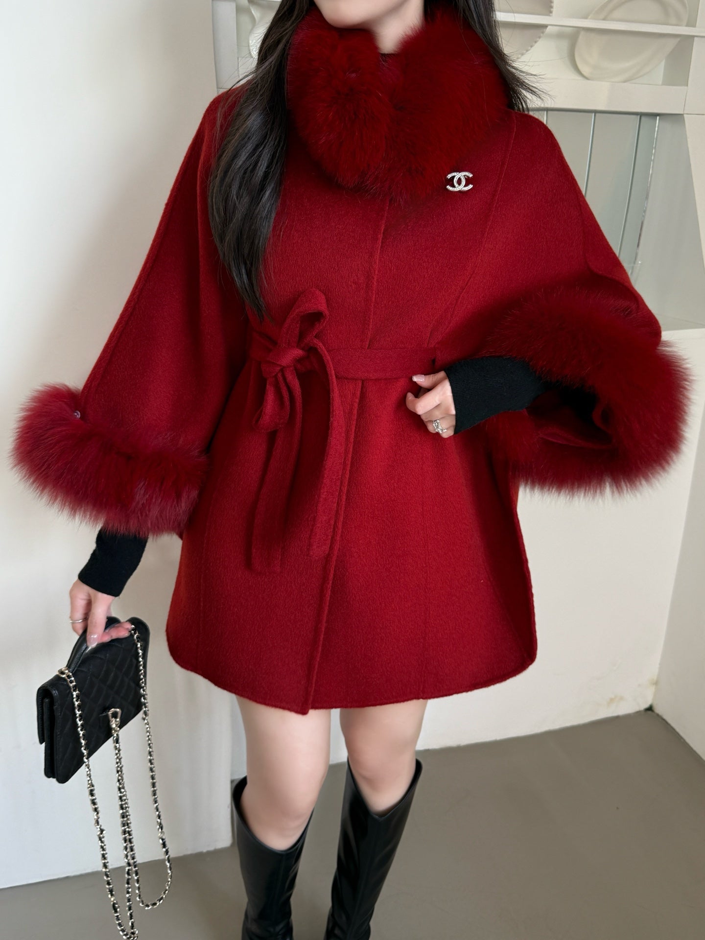 Chanel Double-Face Wool Coat w/ Fox Fur Trim