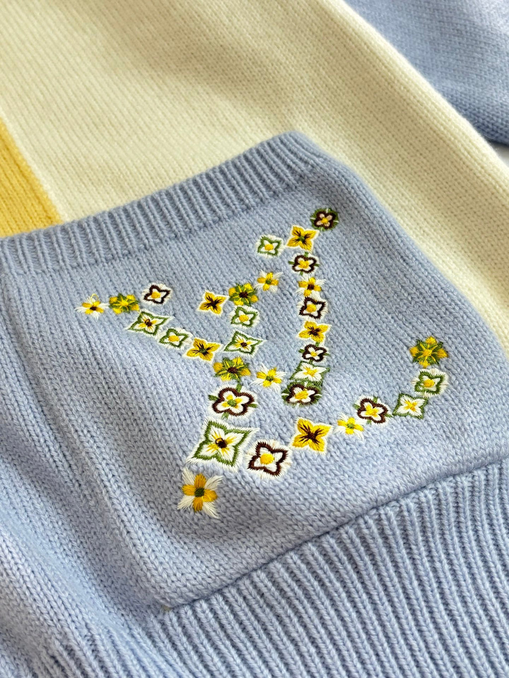 LV Embroidered Color Block V-Neck Knit Cardigan