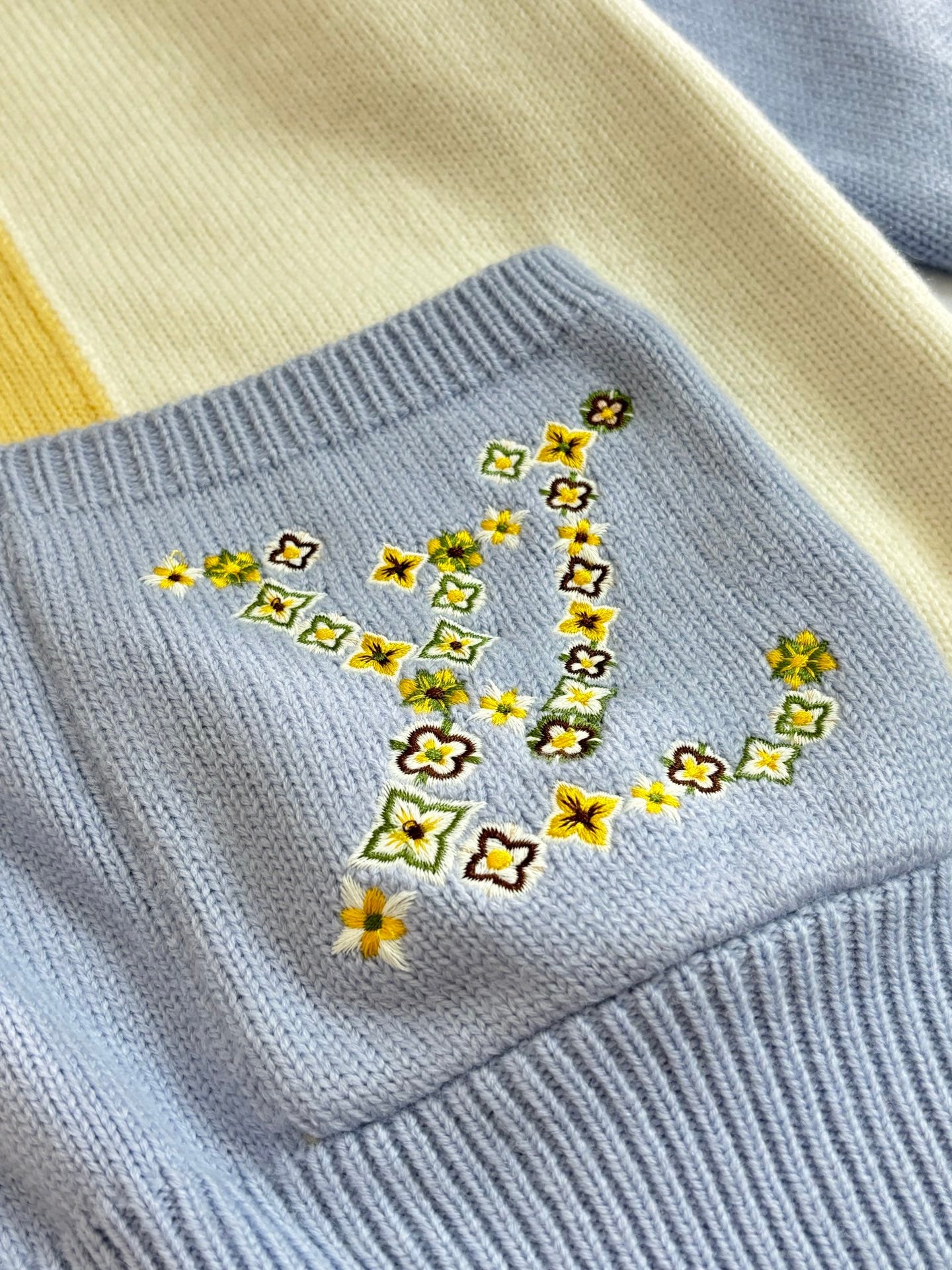 LV Embroidered Color Block V-Neck Knit Cardigan