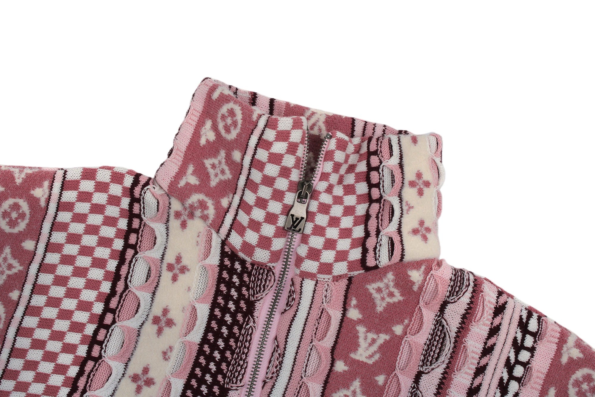 LV Nigo High-Neck Half-Zip Ethnic Style Sweater (Pink)