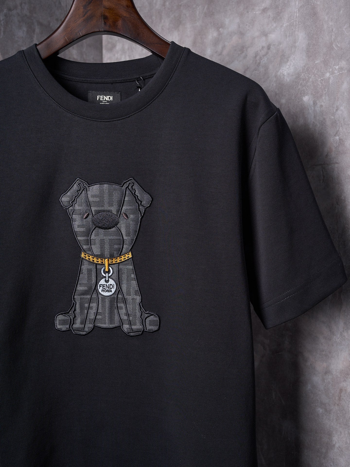 Fendi Jacquard Puppy Pattern Cotton Crew Neck Short Sleeve T-Shirt