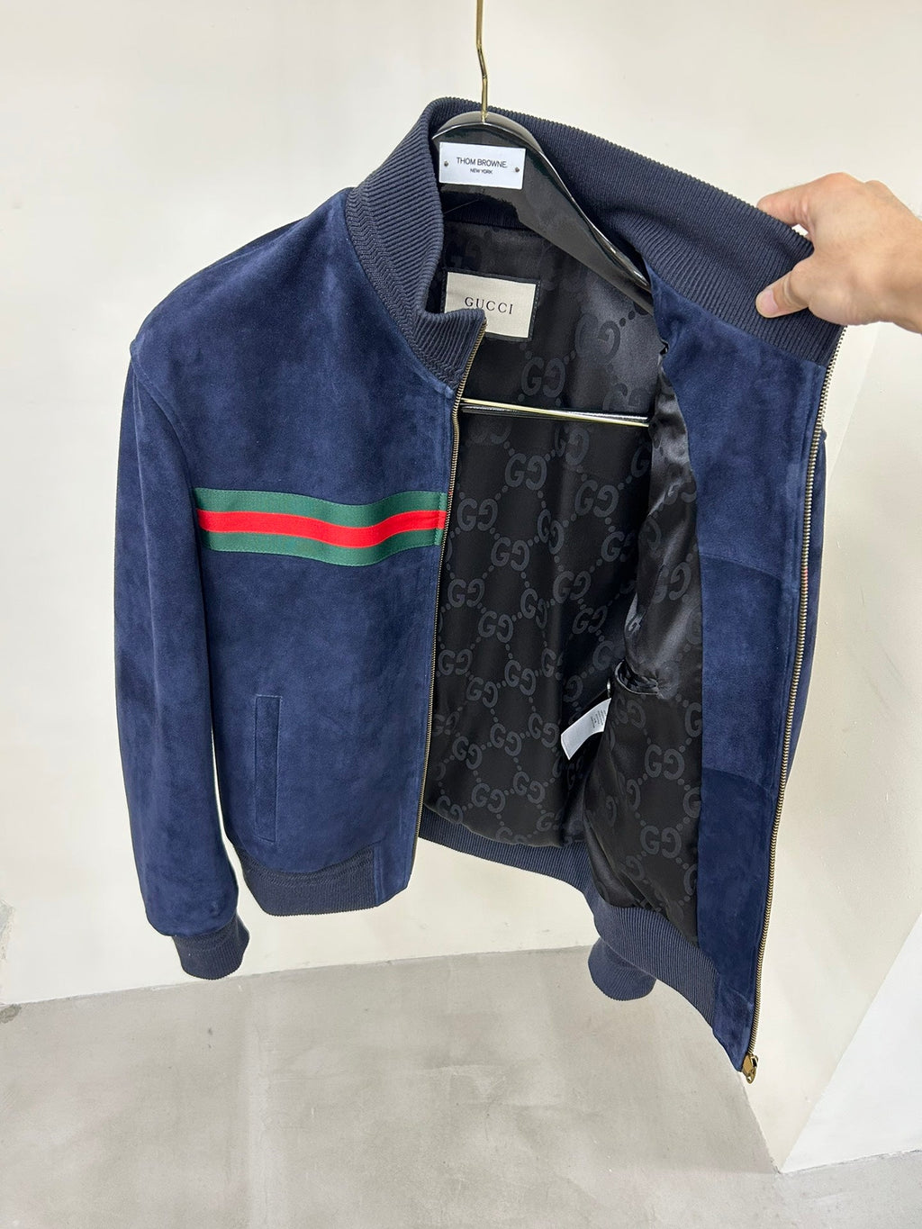 GG suede zip up stand-collar leather jacket