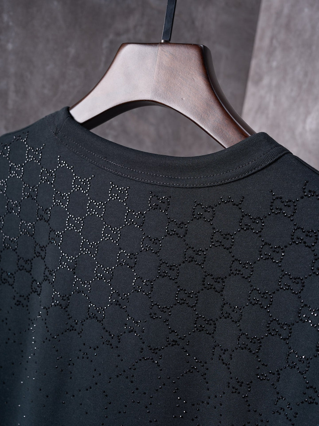 GUCCI Gradient GG Crystal Rhinestone Knitted Cotton Crew Neck Short Sleeve T-Shirt