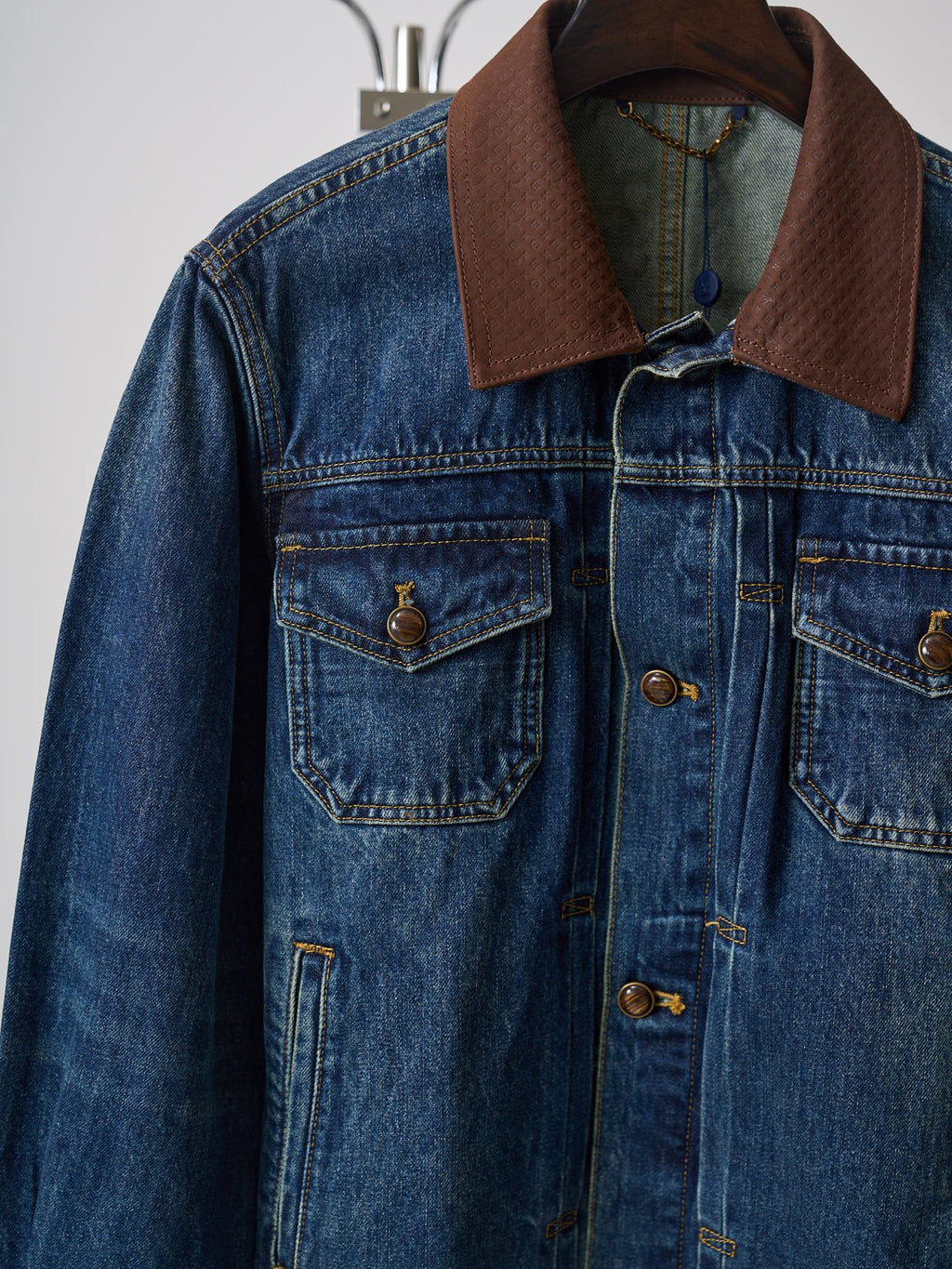 LV Embossed Leather Collar Denim Jacket