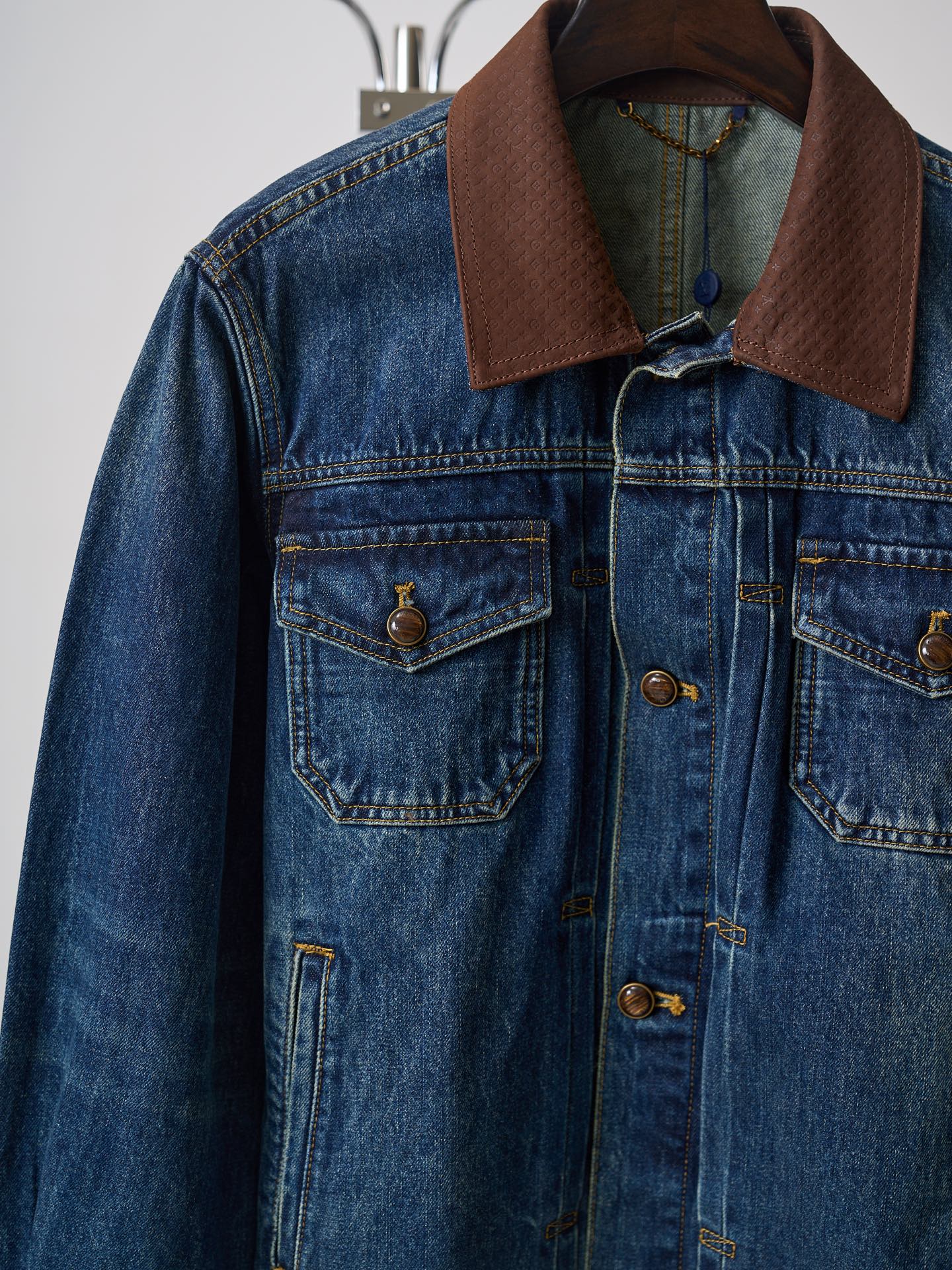 LV Embossed Leather Collar Denim Jacket
