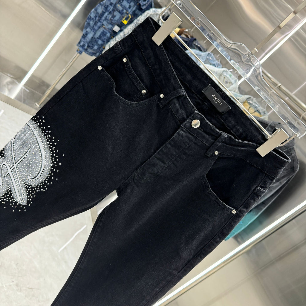 Amiri Slim Fit Stretch Jeans with Rhinestone Lettering