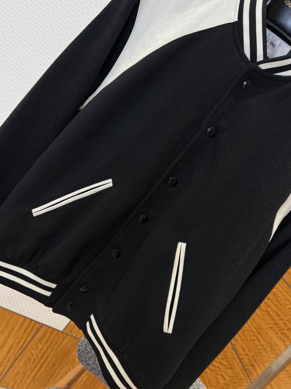 CELINE Patchwork Leather Baseball Collar Jacket