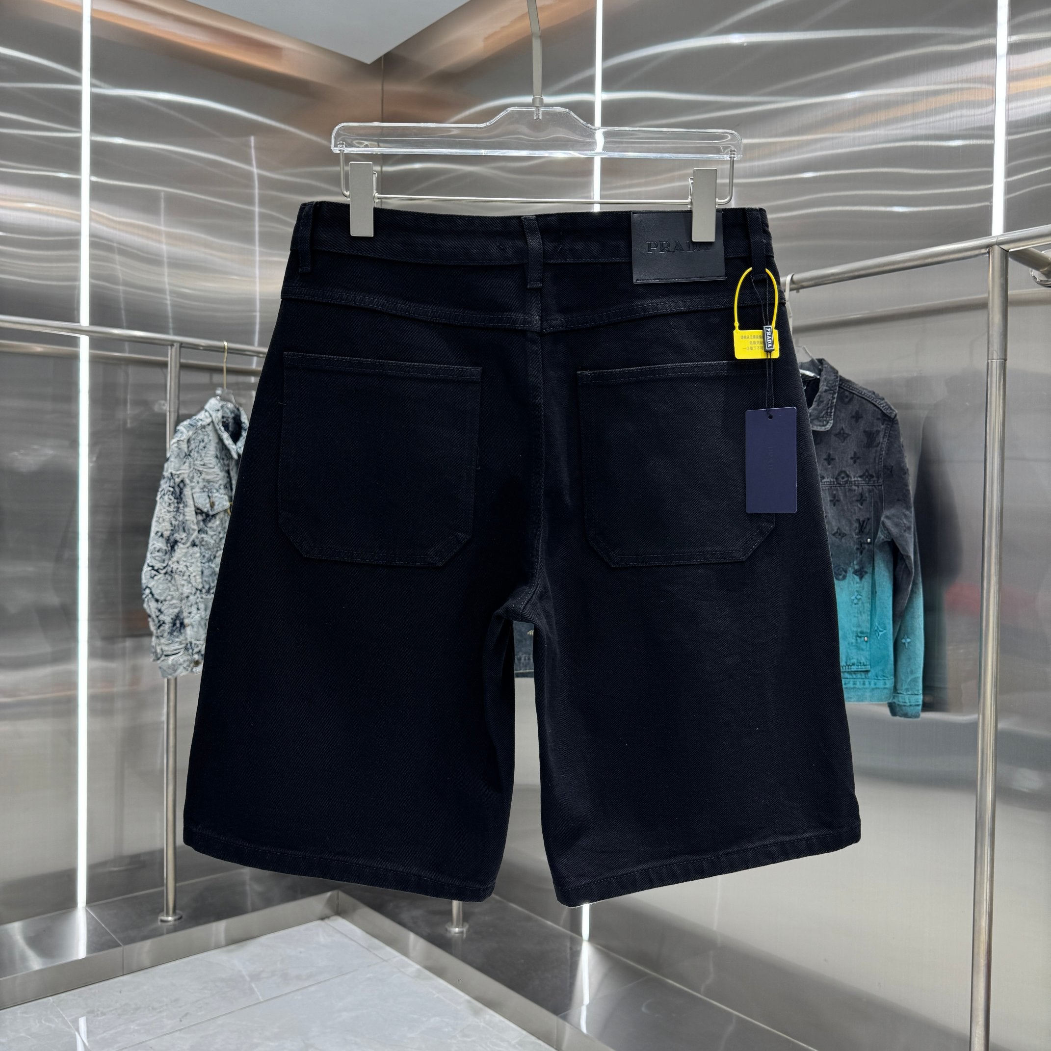Prada Letter Flocked Denim Shorts