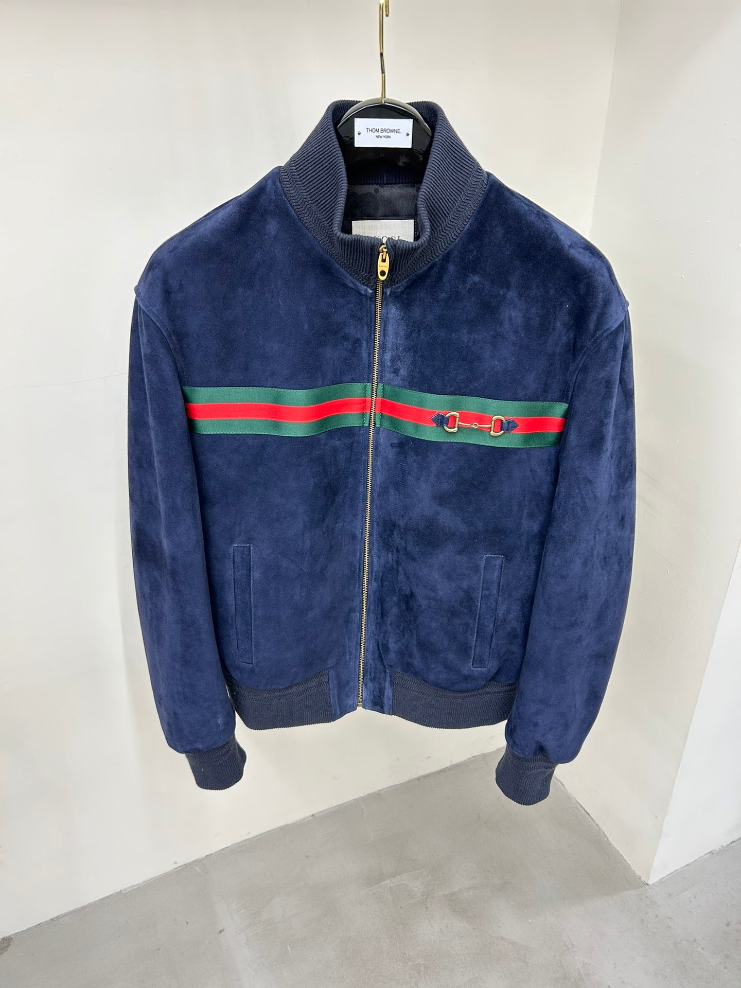 GG suede zip up stand-collar leather jacket