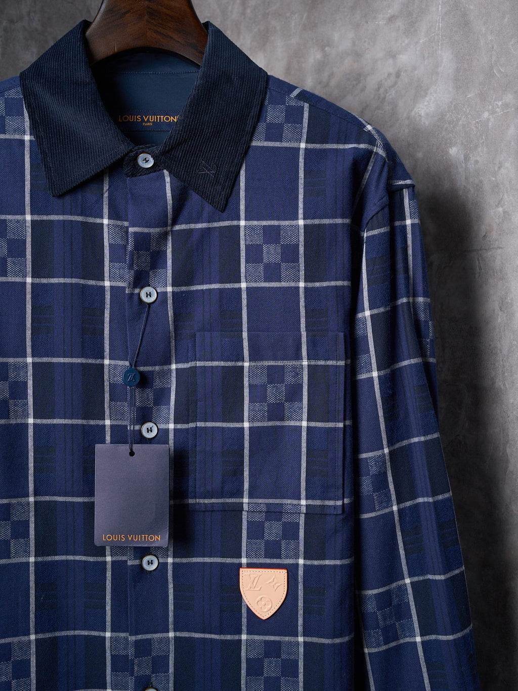 LV Flannel Collar Embroidered Logo Blue Check Lapel Long Sleeve Shirt