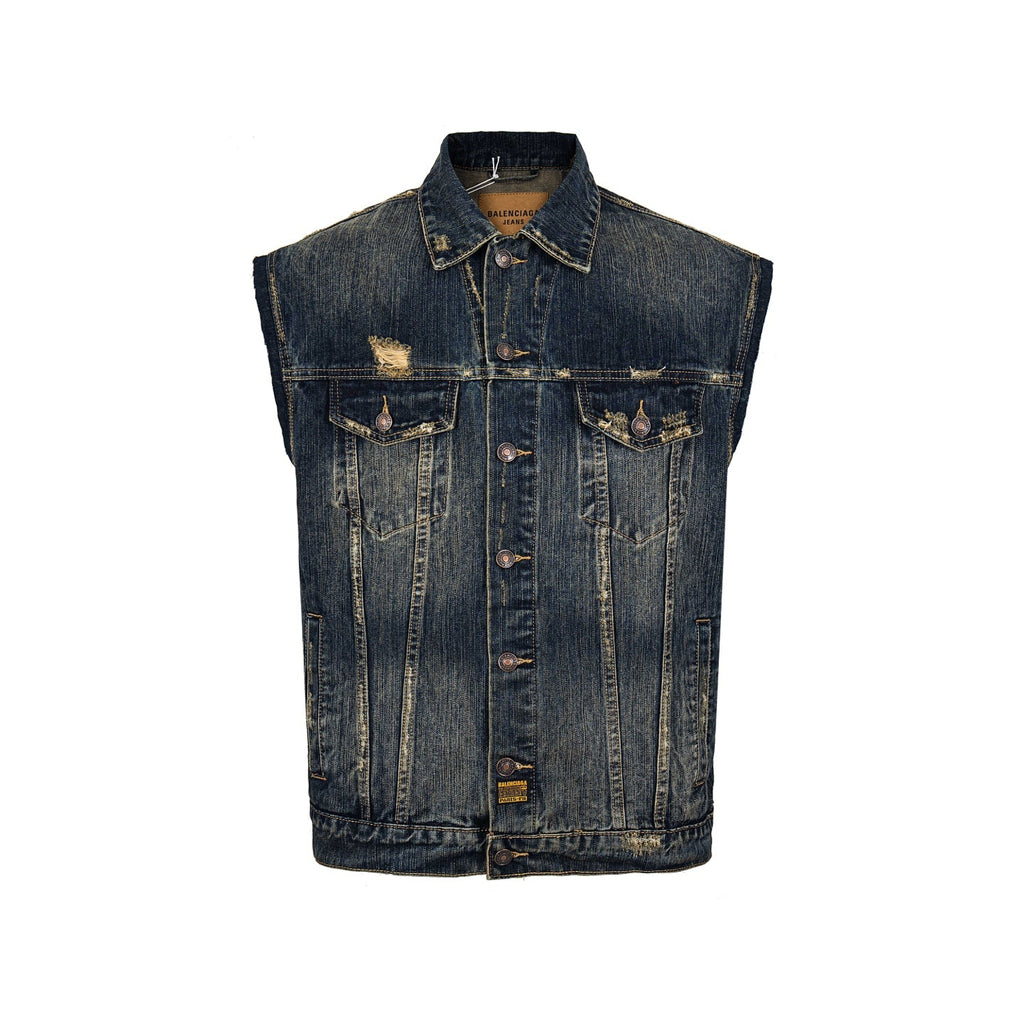 Balenciaga Distressed and Ripped Loose Fit Denim Vest Jacket
