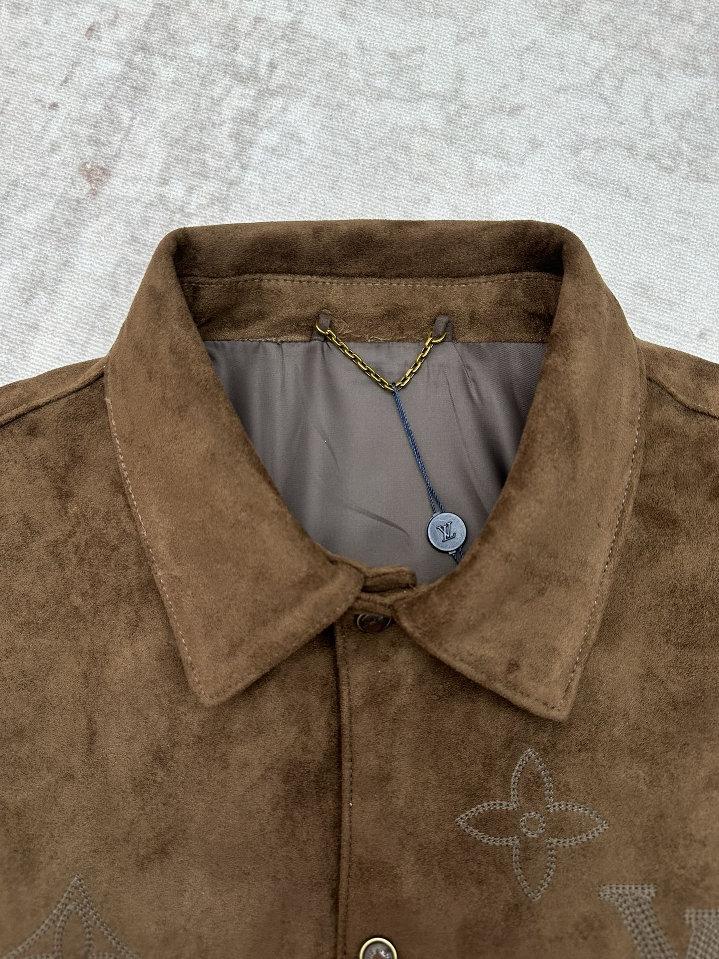 LV Monogram Embridered Suede Leather Jacker Shirt