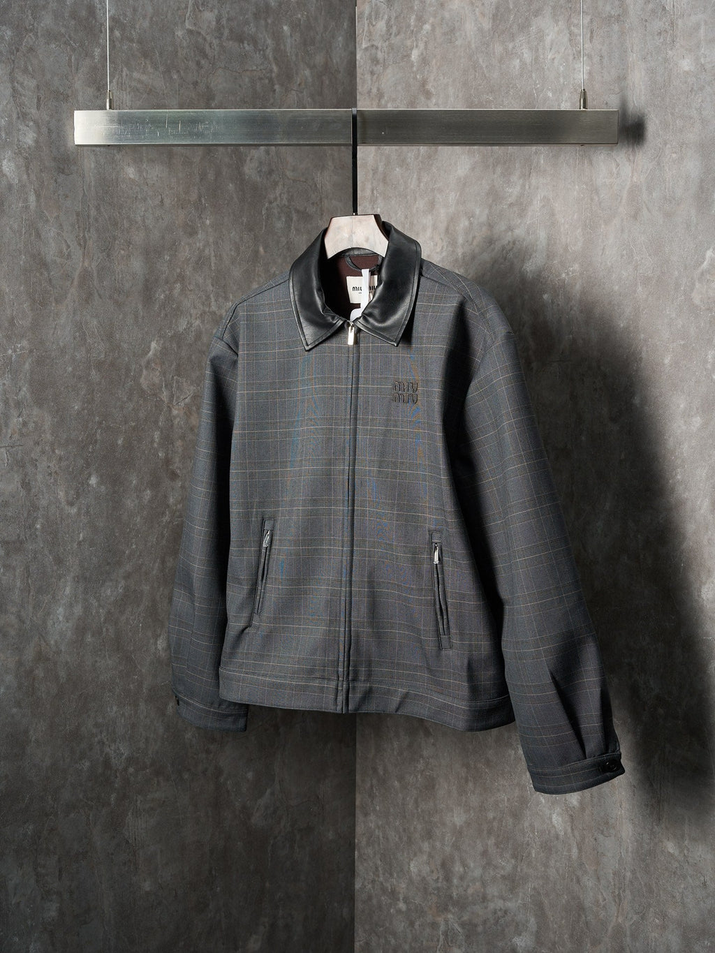 MiuMiu Checkered Letter Embroidery Long-Sleeved Leather Collar Jacket