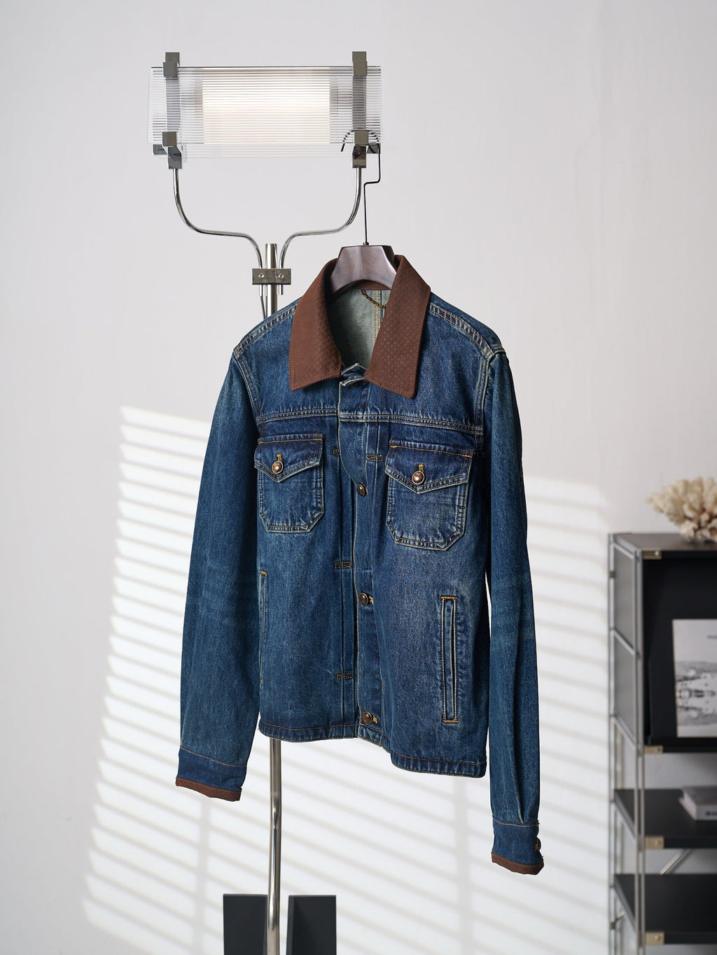 LV Embossed Leather Collar Denim Jacket