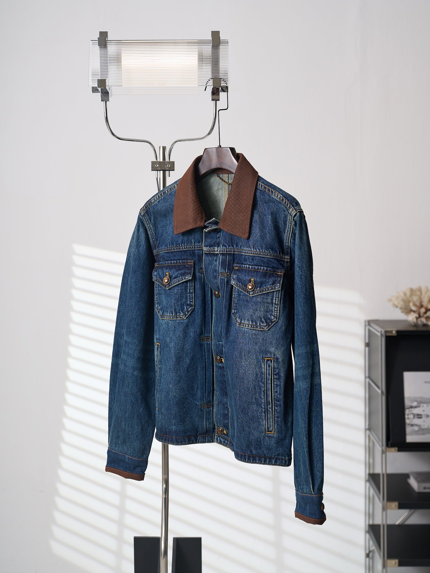 LV Embossed Leather Collar Denim Jacket