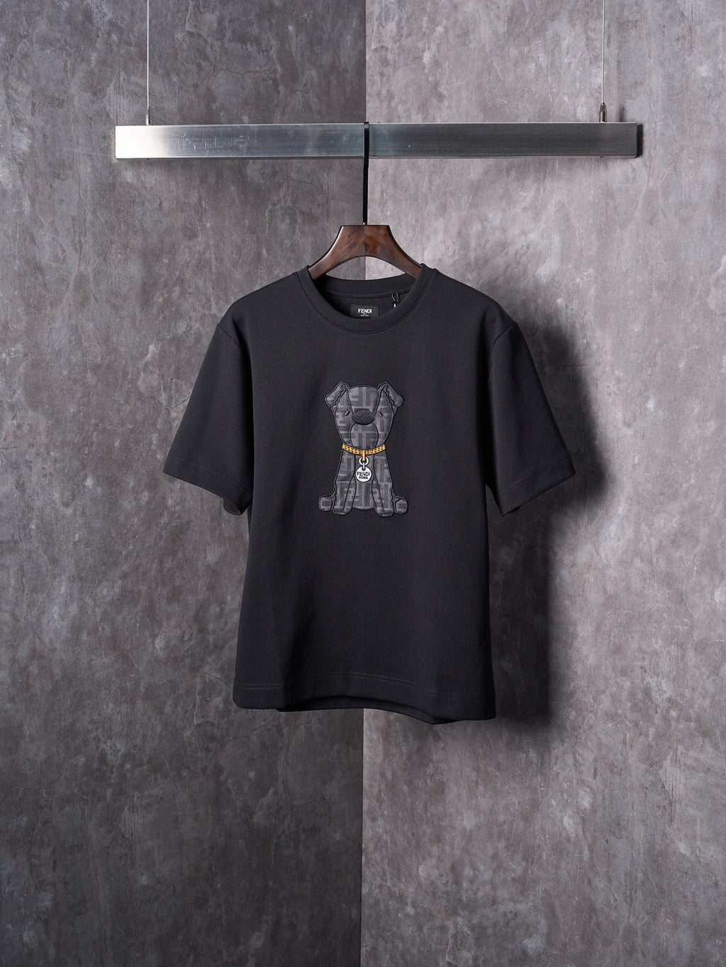 Fendi Jacquard Puppy Pattern Cotton Crew Neck Short Sleeve T-Shirt