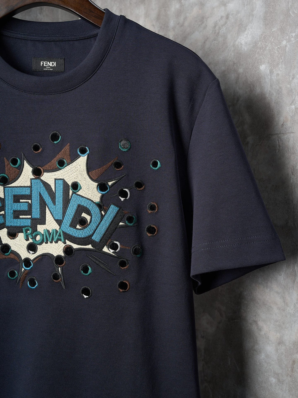 Fendi Dark Blue Explosion Pattern Cotton Crew Neck Short Sleeve T-Shirt