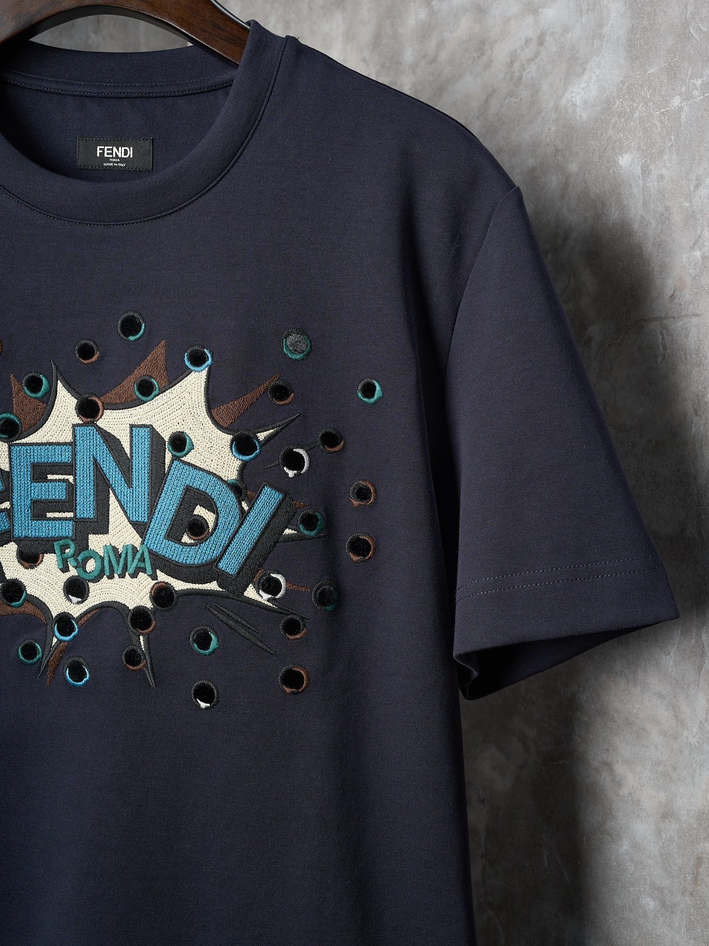 Fendi Dark Blue Explosion Pattern Cotton Crew Neck Short Sleeve T-Shirt