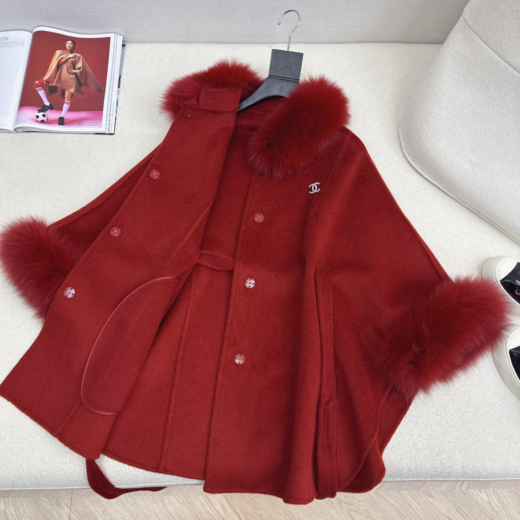 Chanel Double-Face Wool Coat w/ Fox Fur Trim