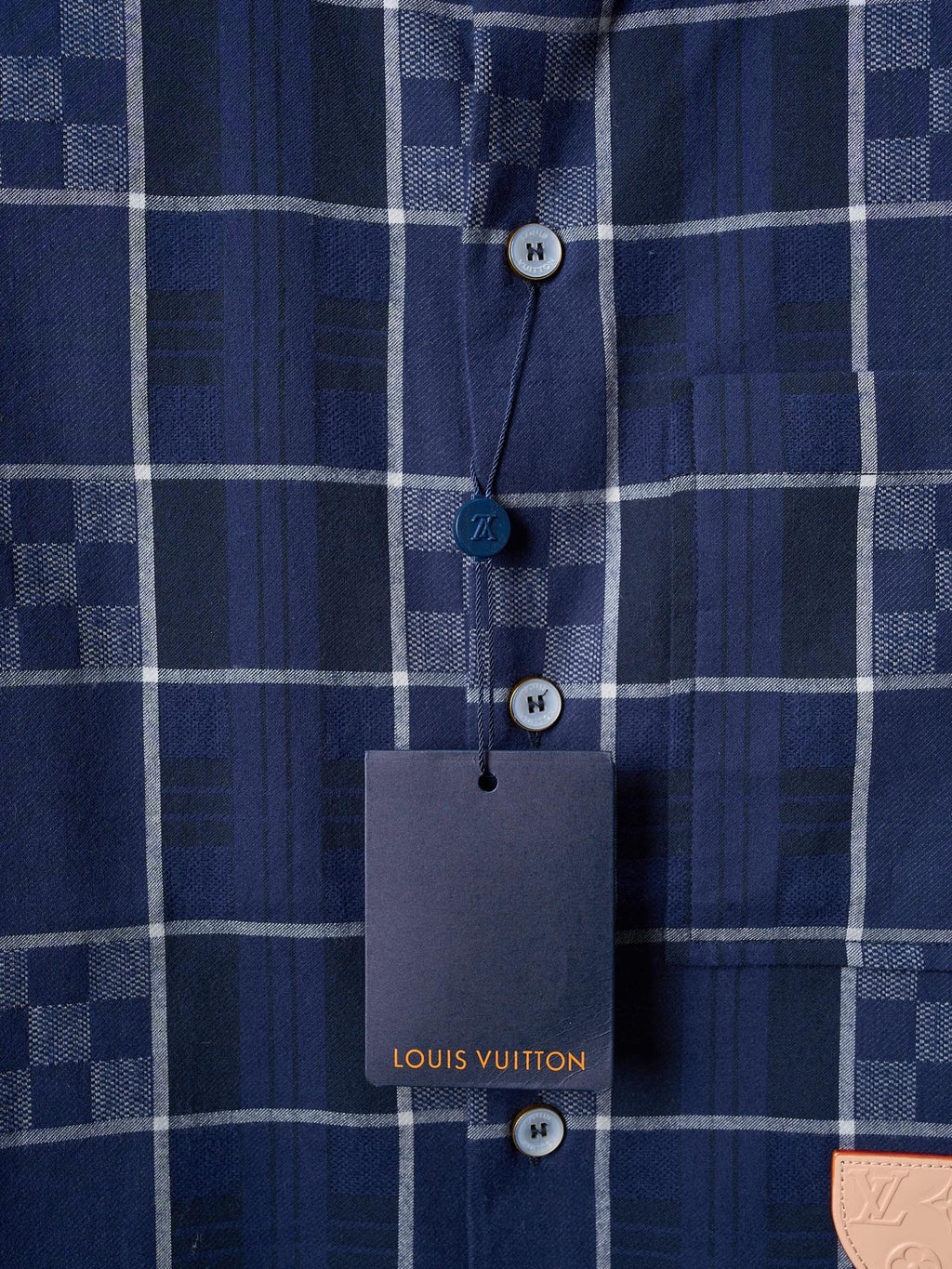 LV Flannel Collar Embroidered Logo Blue Check Lapel Long Sleeve Shirt
