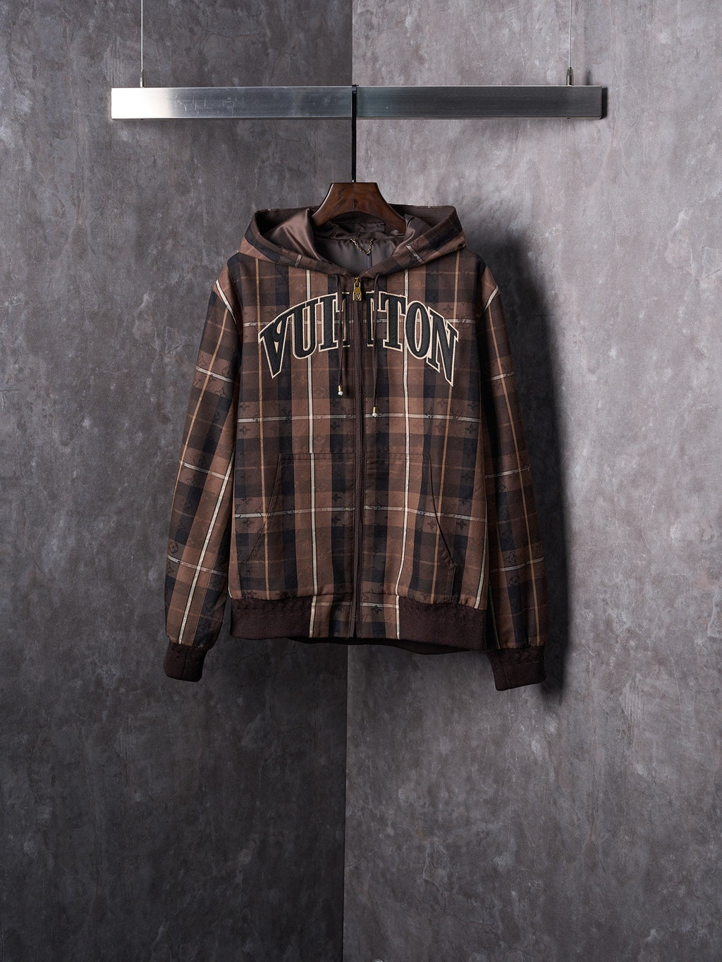 LV Jacquard Letter Applique Belted Hooded Jacket